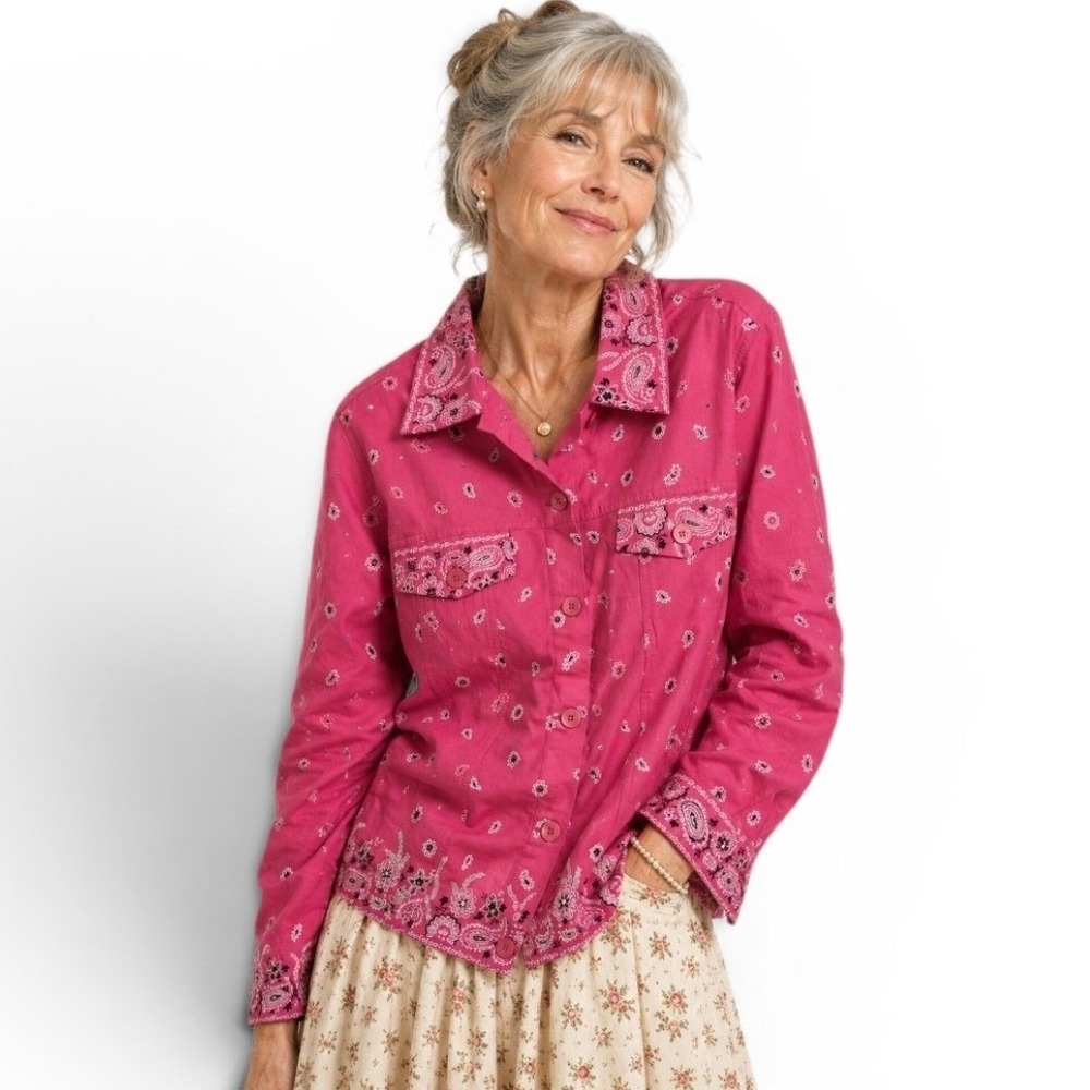 The Quacker Factory Pink Paisley Embroidered Beaded Denim Jacket Large